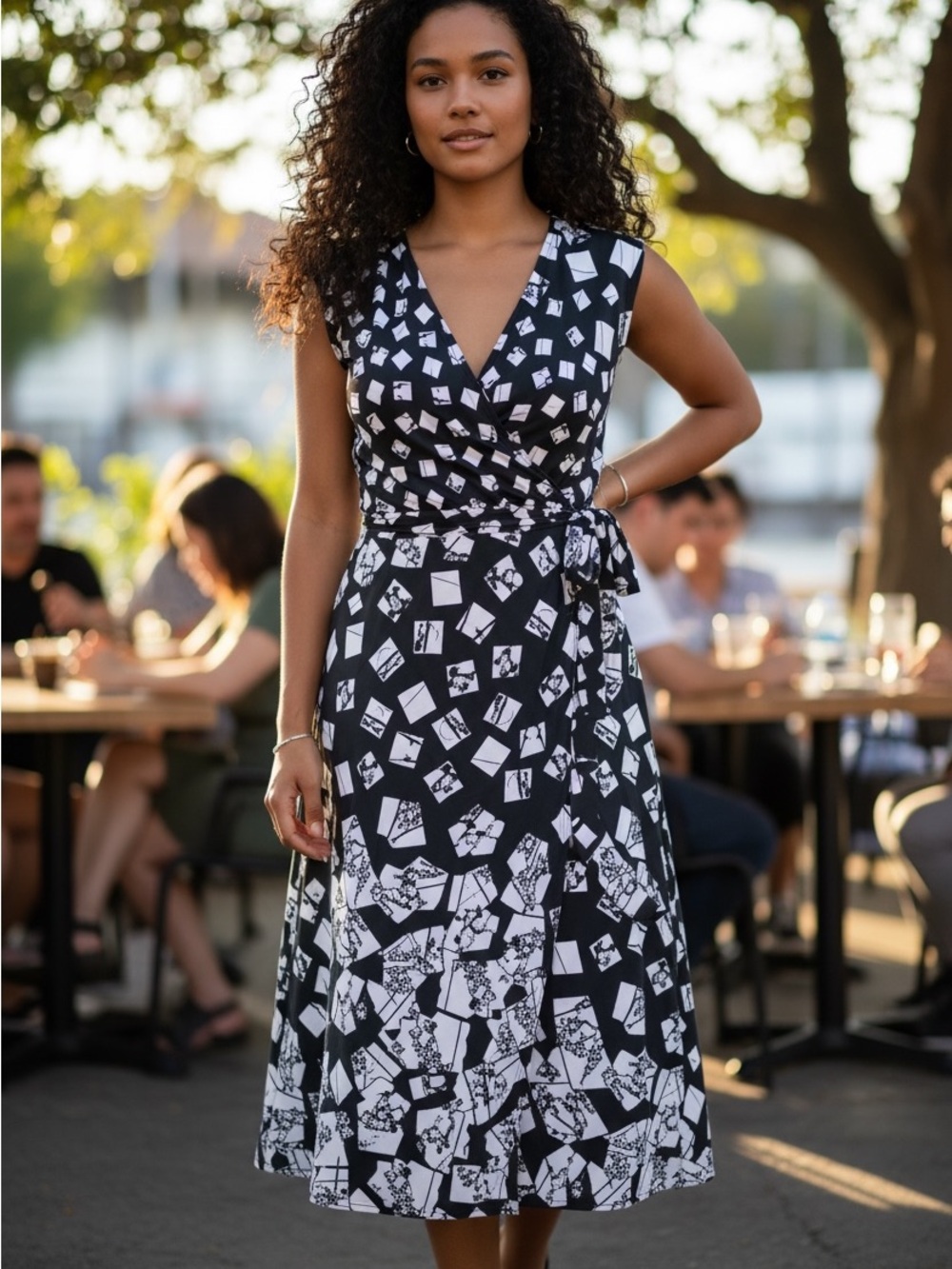 Le Lis Women's Black And White Geometric Print Sleeveless Wrap Style Dress 1X